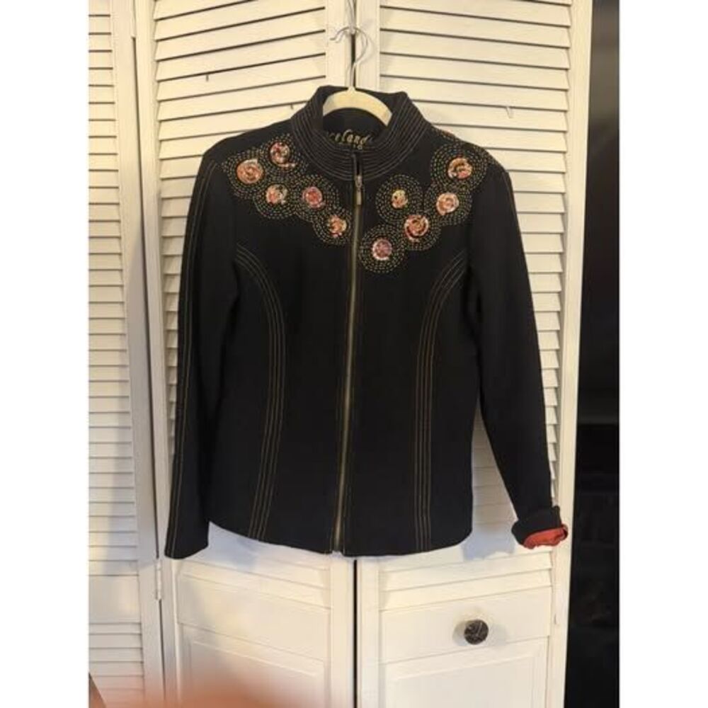 Icelandic Design Black Boiled Wool Embroidered Long Sleeve Zip Jacket Coat Small
